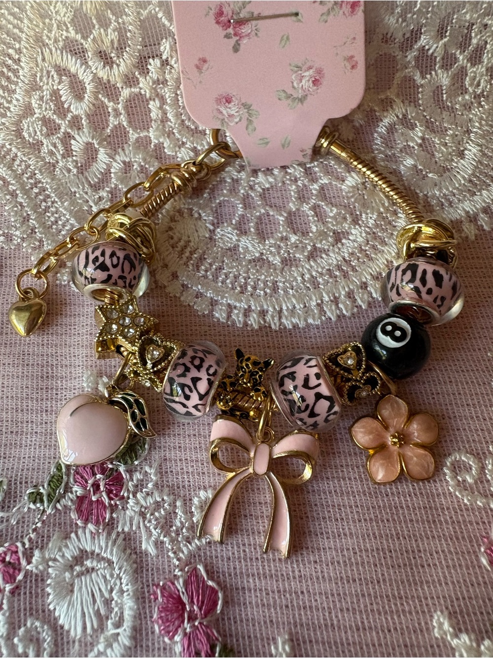 Pink Leopard Charm Bracelet with Gold Accents and Bow Charm